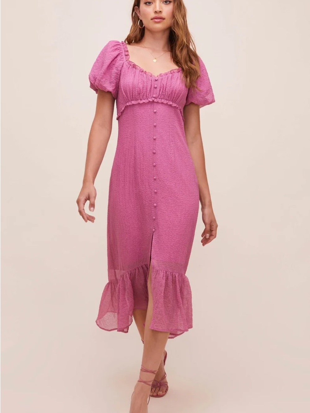 Astr Pink Puff-Sleeve Midi Dress with Button-Front & Ruffle Hem